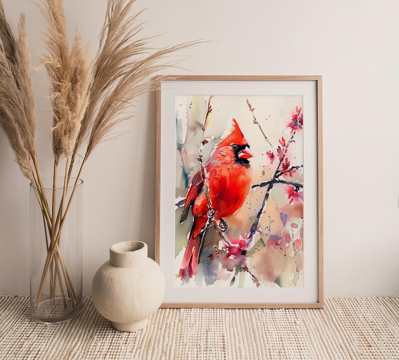 Red Cardinal Watercolor Painting Bird Watercolor Art Print Chickadee