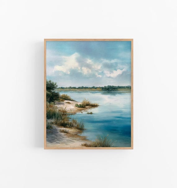 川の風景画 水彩画 静かな湖の絵画 青い自然 ウォールアート