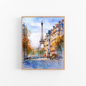 Paris Watercolor Print Eiffel Tower Painting French Cityscape Wall Art Autumn Street View Paris Decor by FeelingPrints