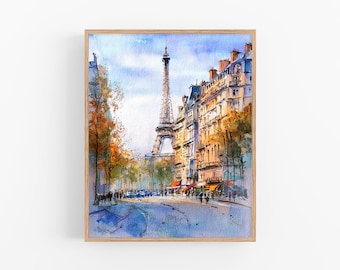 パリの水彩画プリント エッフェル塔の絵画 フランスの街並み ウォール