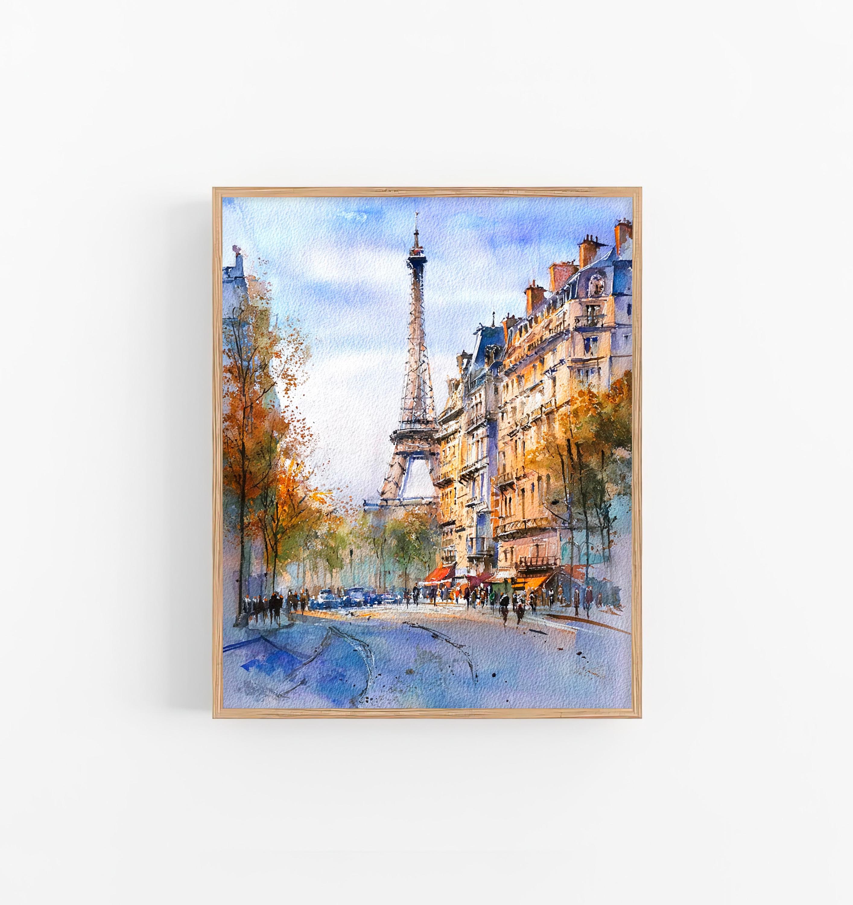 パリの水彩画プリント エッフェル塔の絵画 フランスの街並み ウォール
