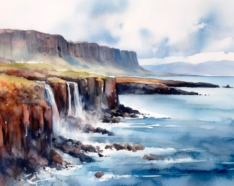 Impresión artística en acuarela de la Isla de Skye, Escocia, paisaje marino, cascadas, póster de pared en acuarela de FeelingPrints