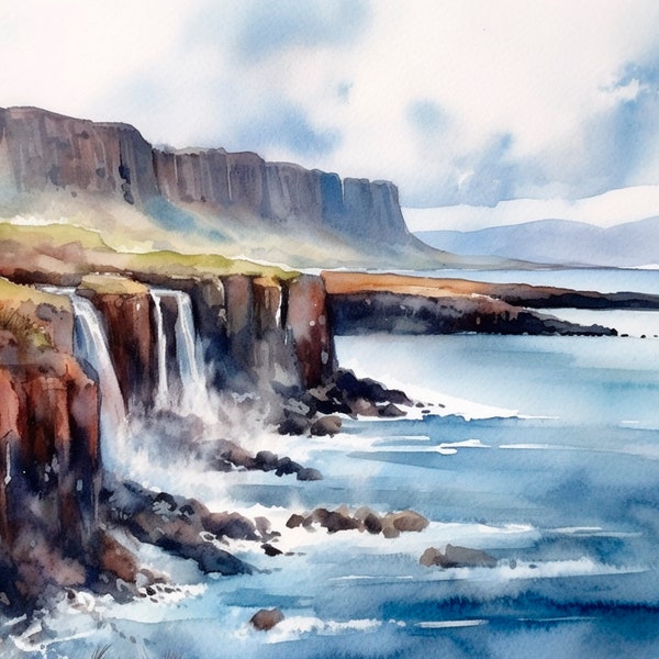 Isle Of Skye Watercolor Art Print Scotland Seascape Painting Waterfalls Watercolor Wall Poster