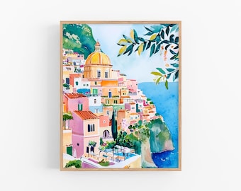 Positano Cityscape Watercolor Art Print Italian Cityscape Amalfi Coast Wall Art Decor Travel Gifts by FeelingPrints