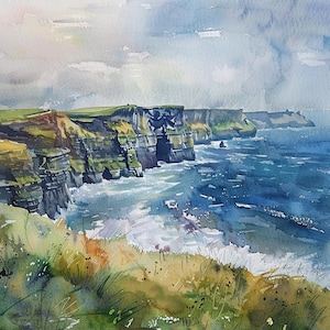 モハーの断崖 水彩画 アートプリント アイルランドの海岸線 絵画 アイルランド 壁アート 装飾 フィーリングプリント