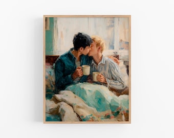 May include: A framed painting depicts two people kissing while sitting in bed. One person wears a blue jacket and the other a striped shirt. Both hold mugs. The artwork has a soft, painterly style with muted colors.