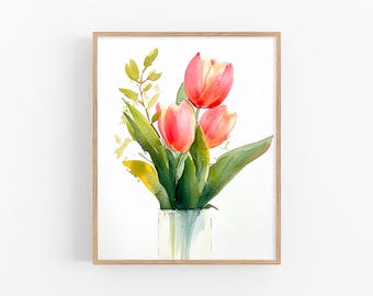 Tulpanblommor Akvarell Konsttryck Blommig Väggdekor Vårgåva från FeelingPrints