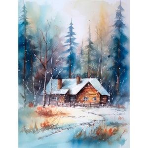 Minnesota Painting Forest Cabin Watercolor Art Print Pine Trees Forest Artwork by FeelingPrints