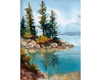 Lake Tahoe Watercolor Painting Art Print Pine Trees Lake Landscape Artwork Wall Art Mountain Lake Decor Nature Wall Decor Cabin Gift
