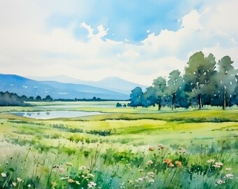 Campi di prati, dipinti, Lake District, acquerello, opere d'arte, montagne, stampe artistiche, decorazioni, regali da viaggio di FeelingPrints