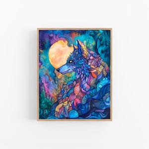 Wolf Watercolor Print Vibrant Moonlit Forest Animal Art Mystical Nature Wall Decor Woodland Artwork by FeelingPrints