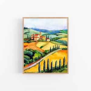 Tuscany Watercolor Painting Italian Countryside Watercolor Art Print Italy Landscape Wall Art Travel Painting by FeelingPrints