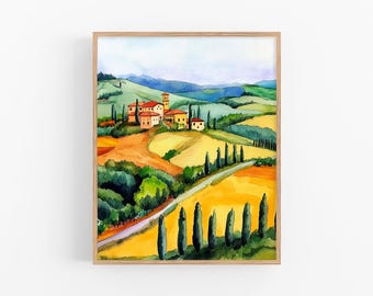 Tuscany Watercolor Painting Italian Countryside Watercolor Art Print Italy Landscape Wall Art Travel Painting by FeelingPrints