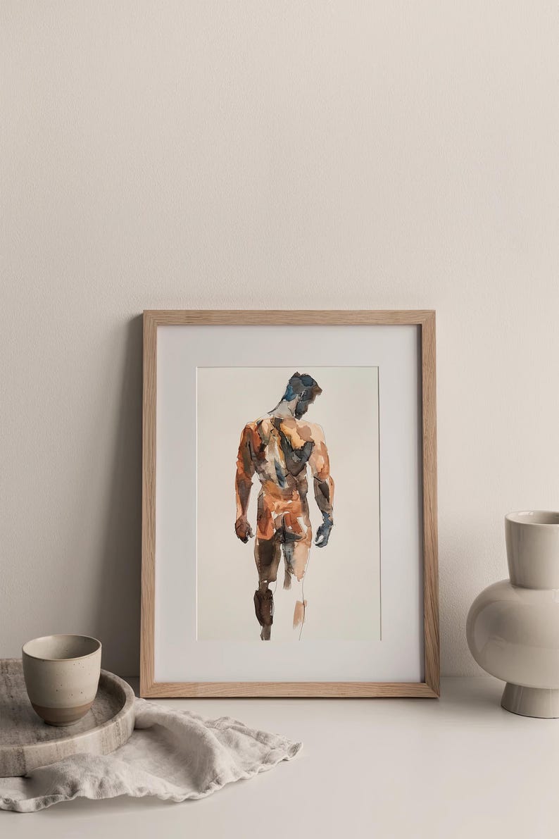 K&ouml;nnte beinhalten: Ein gerahmtes Aquarellbild einer nackten Figur, die mit dem R&uuml;cken zum Betrachter steht. Die Figur ist in Braun- und Oranget&ouml;nen gemalt, mit einem Hauch von Blau im Haar.