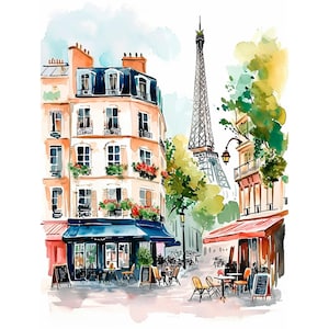 Paris Cityscape Watercolor Art Print Cafe Watercolor Art Cityscape Artwork Travel Art Poster