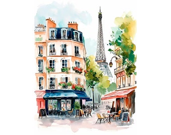 Paris Cityscape Watercolor Art Print Cafe Watercolor Art Cityscape Artwork Travel Art Poster