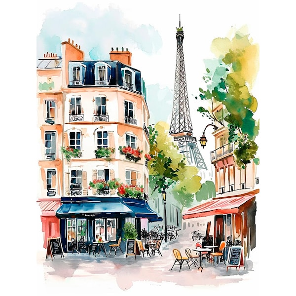 Paris Cityscape Watercolor Art Print Cafe Watercolor Art Cityscape Artwork Travel Art Poster