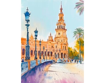 « Impression d'art aquarelle de Séville, Espagne, oeuvre d'art paysage urbain, Espagne, affiche d'art de voyage, cadeaux de voyage » par FeelingPrints