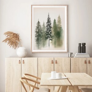 Pine Trees Painting Misty Forest Poster Minimalist Wall Art Decor ...