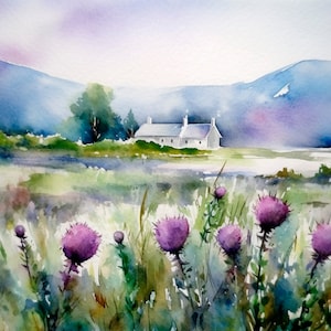Schottische Landschaft Aquarell Kunstdruck Landschaft Malerei Distelfelder Wand Kunst Poster