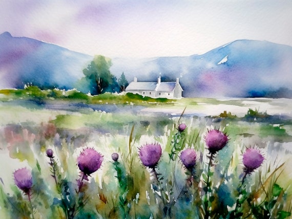 Scottish Landscape Watercolor Art Print Countryside Painting Thistle Fields Wall Art Poster