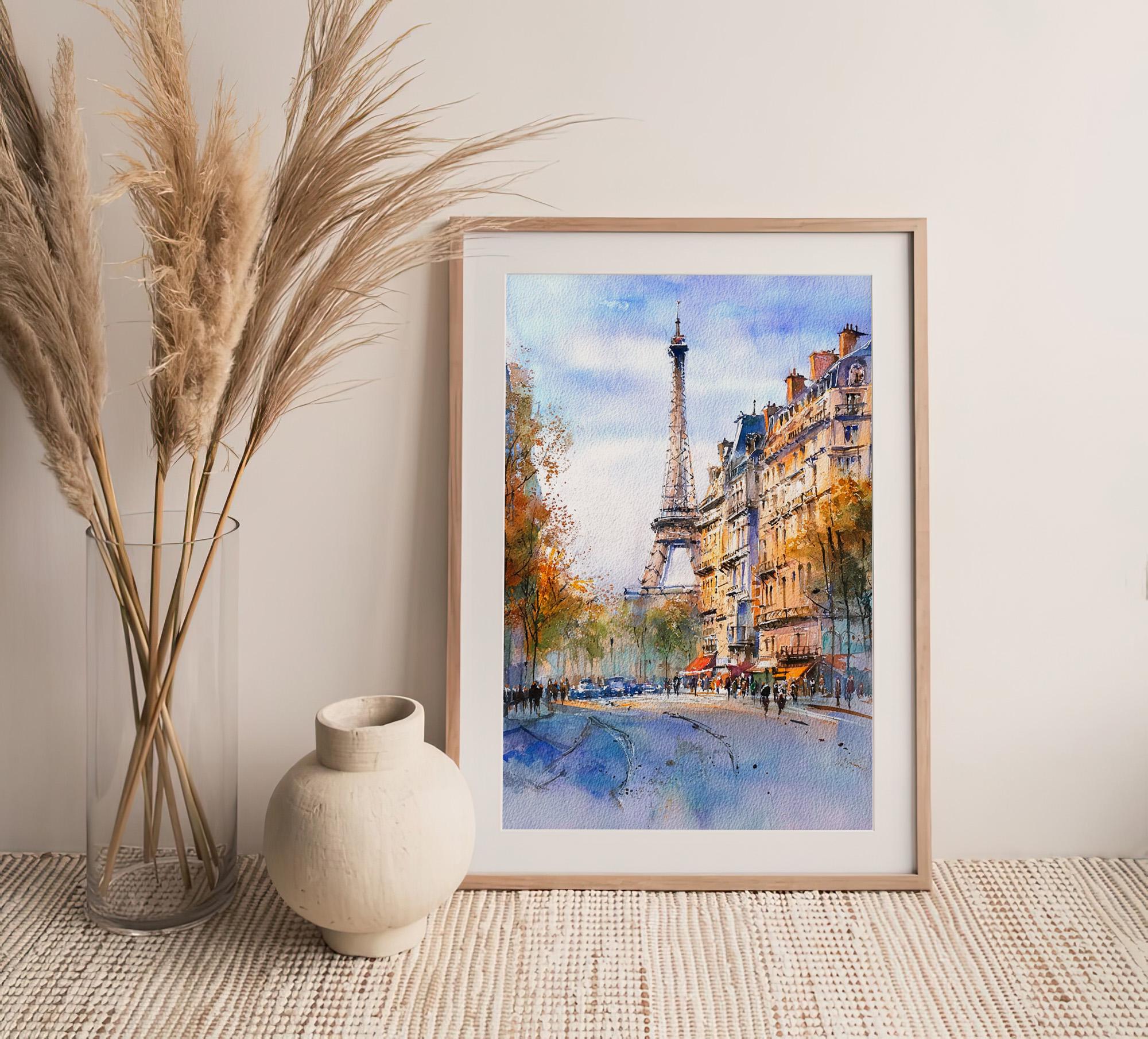 パリの水彩画プリント エッフェル塔の絵画 フランスの街並み ウォール
