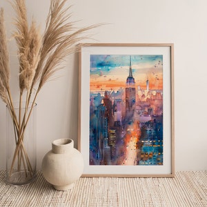 New York Sunset Skyline Watercolor Painting NYC Art Print Cityscape ...
