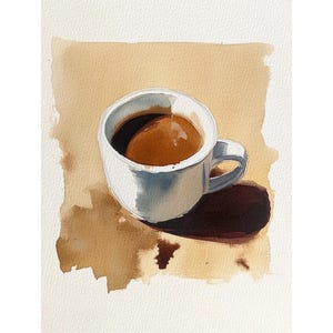 Puede incluir: Una taza de caf&eacute; de cer&aacute;mica blanca con caf&eacute; marr&oacute;n en su interior. La taza est&aacute; sobre una superficie marr&oacute;n con una mancha marr&oacute;n.
