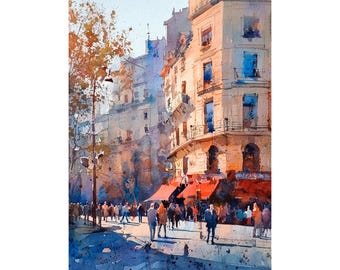 Paris Street Watercolor Print Paris Cityscape Wall Art French Architecture Painting Urban Travel Decor