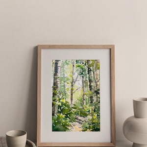 May include: A framed watercolor painting of a forest path with tall trees and green foliage. The path is visible in the center of the image, leading into the woods.