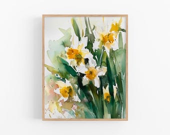 Daffodils Flowers Watercolor Painting Flowers Watercolor Art Print Meadow Wall Art Print Gifts for Her by FeelingPrints