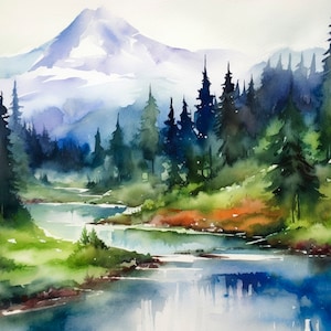 マウントレーニア水彩画アートプリント 山の絵画 松林の風景アートプリント 国立公園アートポスター by FeelingPrints