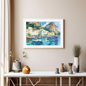 May include: Watercolour painting of a coastal town with colourful buildings, a rocky cliff, and a small boat in the turquoise water.