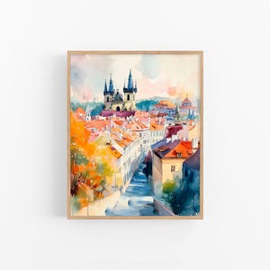 プラハの街並み 水彩画アートプリント チェコの都市アート 絵画 旅行アートプリント ギフト フィーリングプリント