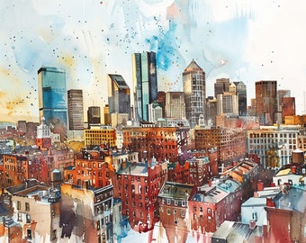 May include: A watercolor painting of a city skyline with tall buildings in the background and smaller buildings in the foreground. The buildings are painted in shades of brown, blue, and gray. The sky is a light blue with white clouds.