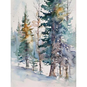 冬の松林の水彩画 松の木のアートプリント 雪の森の壁アートプリントギフト FeelingPrints