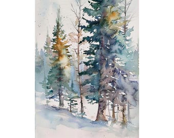 Winter Pine Forest Watercolor Painting Pine Trees Art Print Snow Forest Wall Art Print Gifts by FeelingPrints