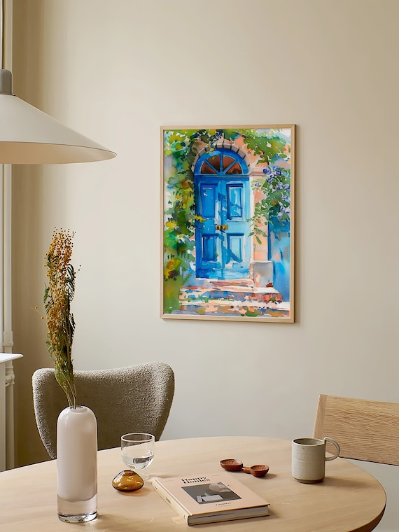 Morocco Painting Blue Door Watercolor Art Print Blue City Wall Art