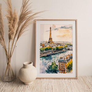 Puede incluir: Una pintura de acuarela de la Torre Eiffel en Par&iacute;s, Francia. La pintura muestra la torre desde la distancia, con el r&iacute;o Sena y otros edificios en primer plano. El cielo es de un azul suave con toques de rosa y naranja.