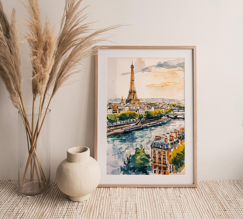 Puede incluir: Una pintura de acuarela de la Torre Eiffel en Par&iacute;s, Francia. La pintura muestra la torre desde la distancia, con el r&iacute;o Sena y otros edificios en primer plano. El cielo es de un azul suave con toques de rosa y naranja.