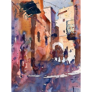 May include: Watercolor painting of a sunlit European street scene. Buildings in shades of orange, brown, and white line the street. Silhouetted figures walk in the distance. The artwork uses a loose, expressive style with visible brushstrokes and color splatters.