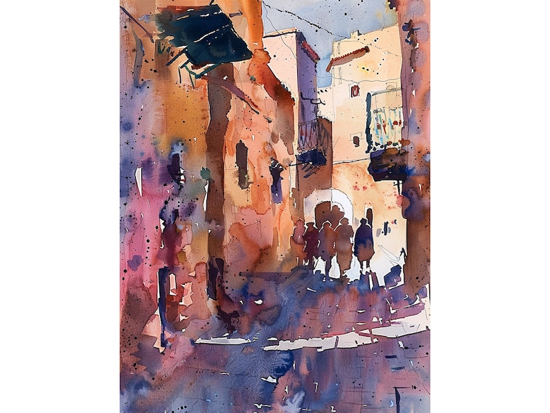 May include: Watercolor painting of a sunlit European street scene. Buildings in shades of orange, brown, and white line the street. Silhouetted figures walk in the distance. The artwork uses a loose, expressive style with visible brushstrokes and color splatters.
