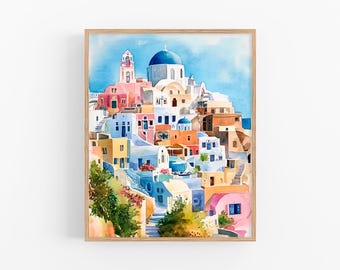 Santorini Cityscape Watercolor Painting Greece City House Watercolor Art Print Travel Poster Gift by FeelingPrints