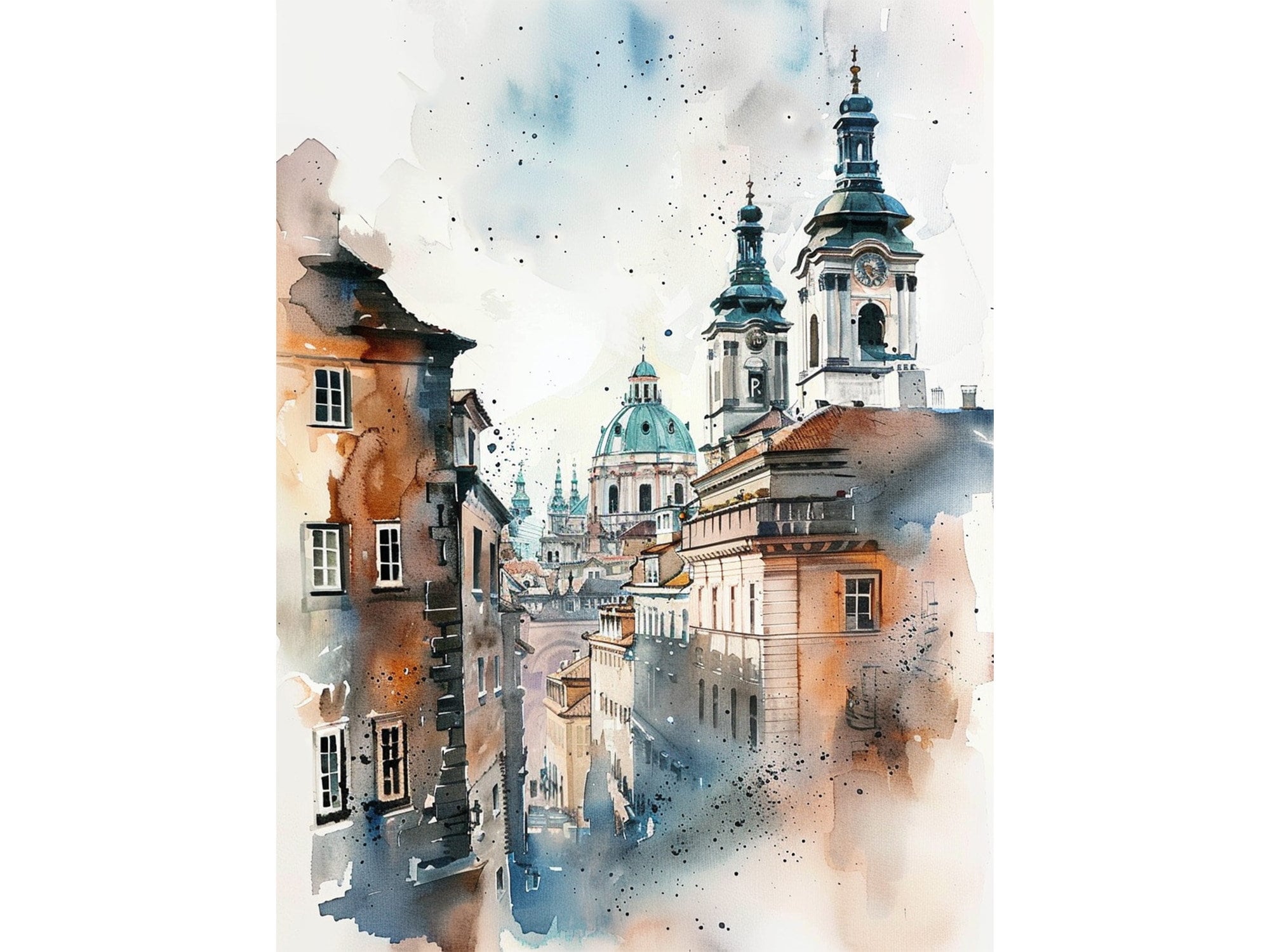 プラハの水彩画 チェコの街並み アートプリント ニュートラルな旅行