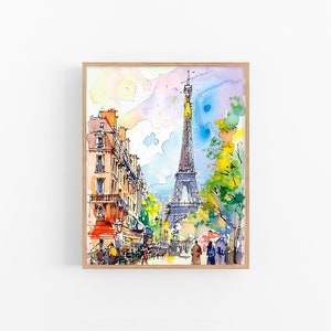 Puede incluir: Una pintura de acuarela de la Torre Eiffel en Par&iacute;s, Francia. La pintura representa una escena de calle con edificios, &aacute;rboles y personas caminando. El cielo es azul claro con nubes rosadas y moradas.