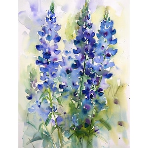 ブルーボネット水彩画アートプリント 花の壁画 花の水彩画アートワーク by FeelingPrints