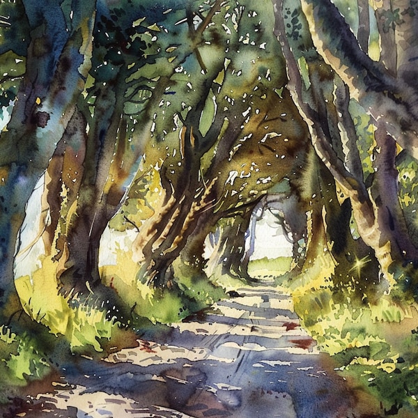 Dark Hedges Watercolor Art Print Ireland Forest Painting Irish Landscape Wall Art Travel Gifts by FeelingPrints