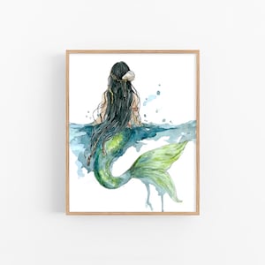 Impresión de acuarela de sirena, arte de pared oceánico, póster de fantasía para chica del mar, decoración de baño costero, arte playero para ella de FeelingPrints