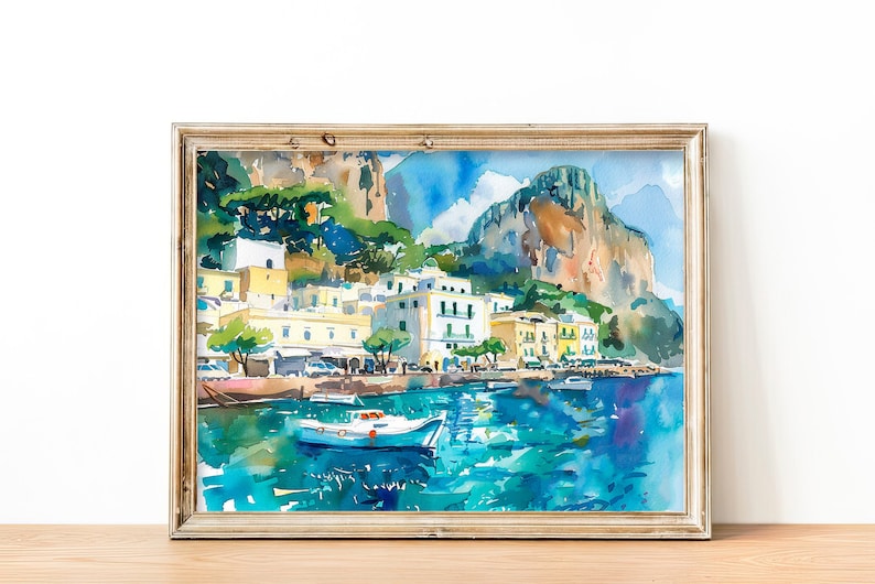 May include: Watercolour painting of a coastal town with colourful buildings, green trees, and a blue ocean. A small white boat is in the foreground.