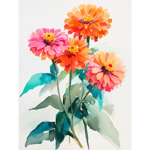 May include: Watercolor painting of a bouquet of four orange and pink zinnias with green leaves.